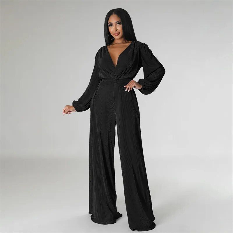 Bubble Sleeve V-Neck High Waist Wide Leg Jumpsuit