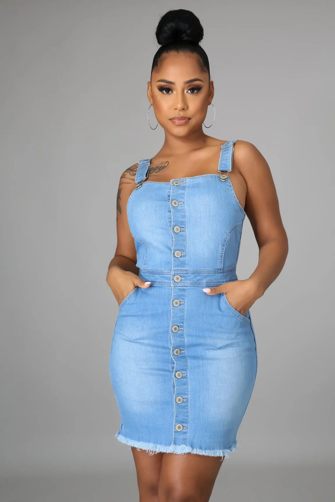 Blue Denim Button Front Spaghetti Strap Bodycon Pencil Jean Dress