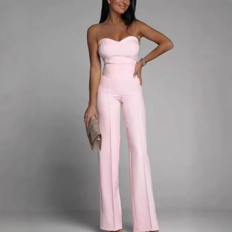 Sleeveless Strapless Solid Color Straight Women's Formal Party Tube Jumpsuit