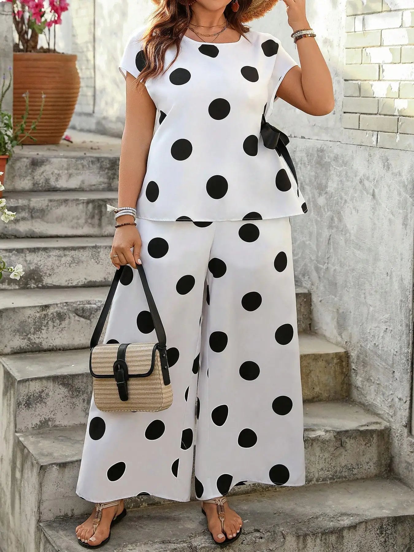 【Plus Size】 Two-Piece Set Polka Dot Print Top & Wide Leg Pants Set, Casual Fashion Cozy Top & Trousers for Daily Outdoor Wear, W