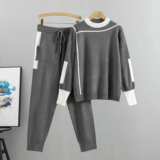 Knitted Long Sleeve Patchwork Pullover Sweater + Matching Pants 2-Piece Set