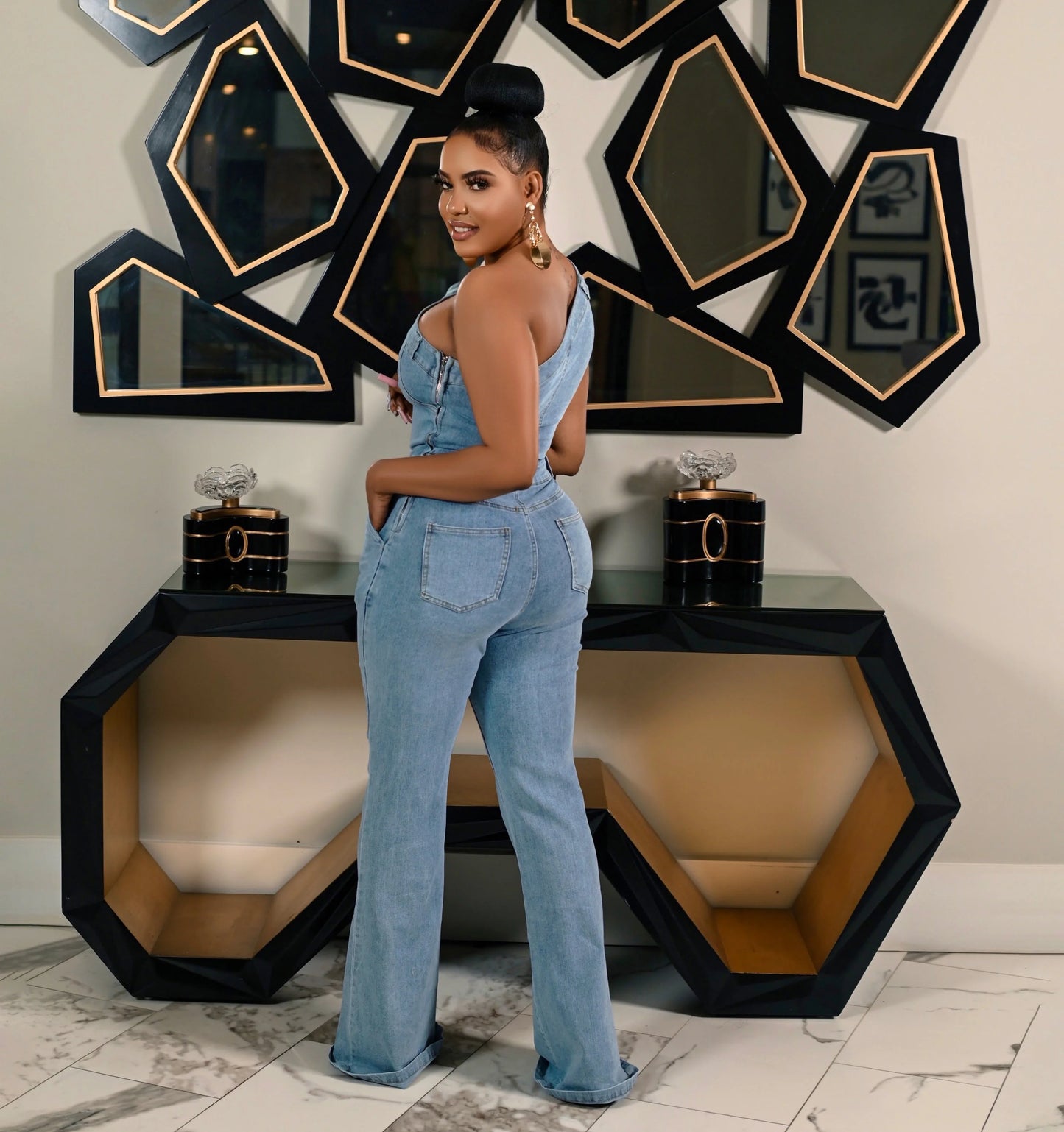 Denim Baby Blue Irregular Asymmetrical One Shoulder High Street Stretch Women's Jean Jumpsuit