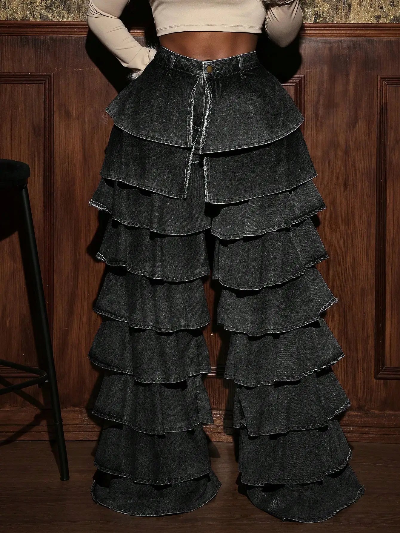 Denim Tiered Ruffled Layered Wide Leg Women's Streetwear Jeans