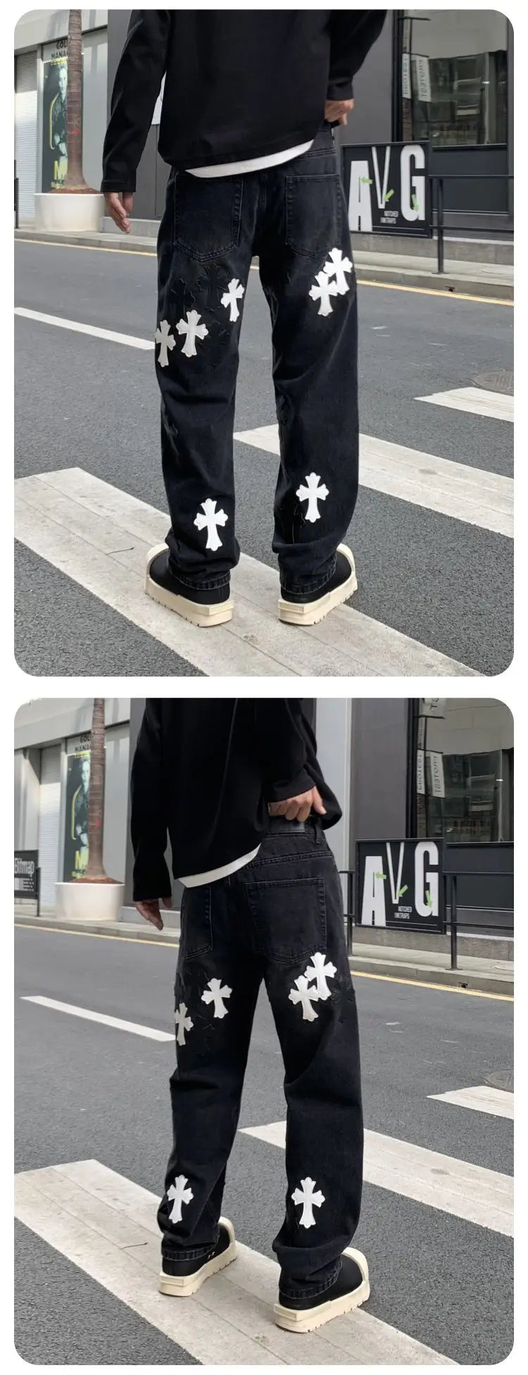 Men's Denim Black Cross Print Streetwear Mid-Rise Straight Leg Wide Leg Jeans