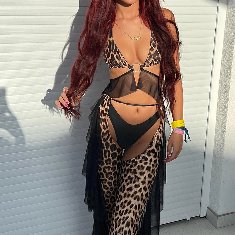 Sexy Leopard Print Mesh Transparent Ruffled Bikini Top, Bikini Bottoms, Tassel Fringe Leggings Women's 3-Piece Swimwear Set