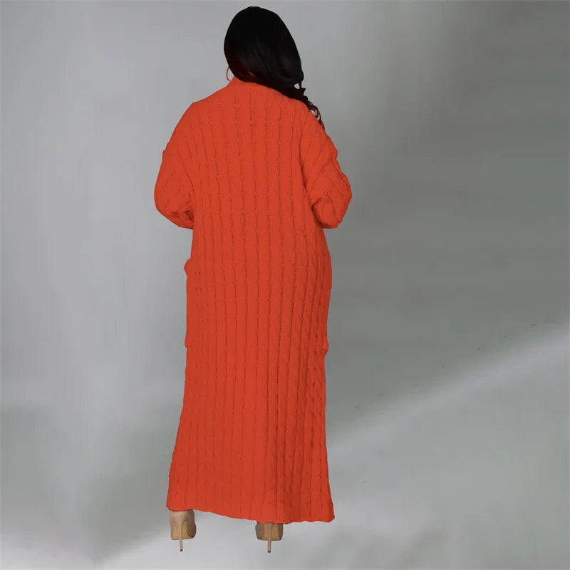 Knitted Weave Pattern Ribbed Maxi Cardigan Sweater