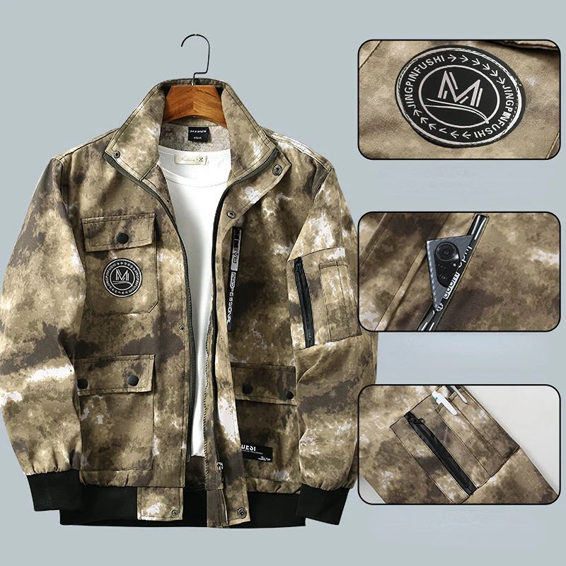 Men's Cotton Camoflauge Tie-Dye O-Neck Multi-Pocket Zipper Utility Jacket + Drawstring Cargo Sweatpants Tracksuit