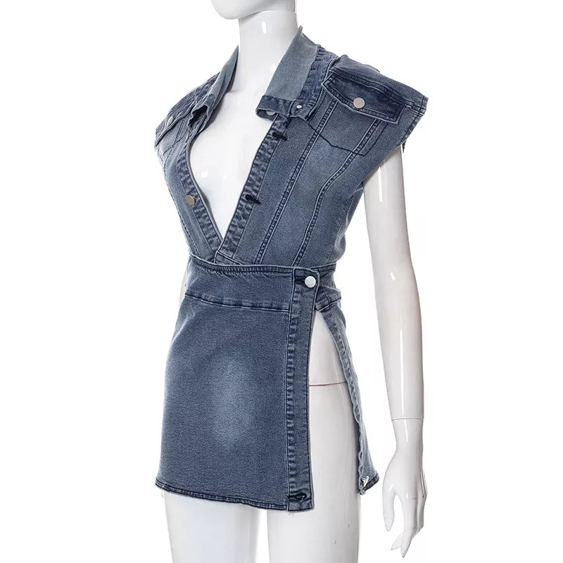 Denim High Slit Deep V-Neck Sleeveless Button Skinny Mini Dress