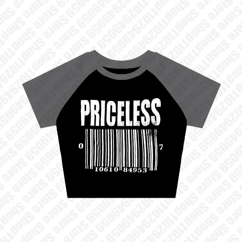 Vintage Black 3D Barcode "Priceless"Letter Print Short Sleeve Women's T-Shirt/Crop Top