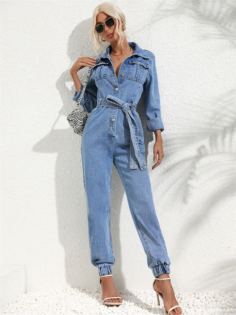 Denim Faded Blue Long Sleeve Women's Turn-Down Collar With Belted Jeans Jumpsuit