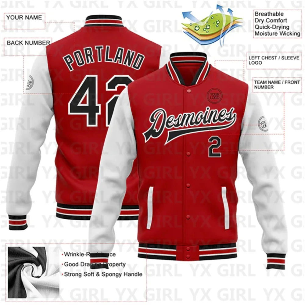 Customized Unisex Red Black-White Personalized Name Letter Print/Team Name 3D Print Full-Snap Varsity Letterman's 2-Tone Baseball Button-Up Bomber Jacket