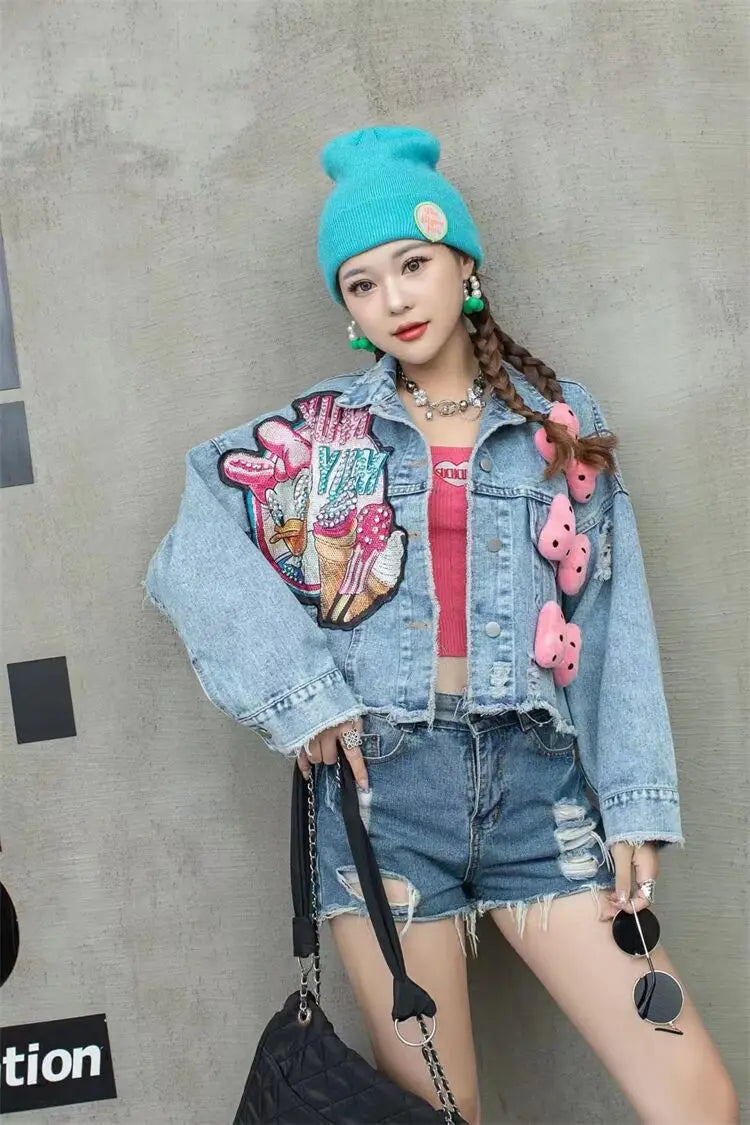 Denim Daffy Duck/Minnie Mouse Cartoon Print Big Pink/Red Bowknot Embroidered Women's Sequin Short Loose Jean Jacket