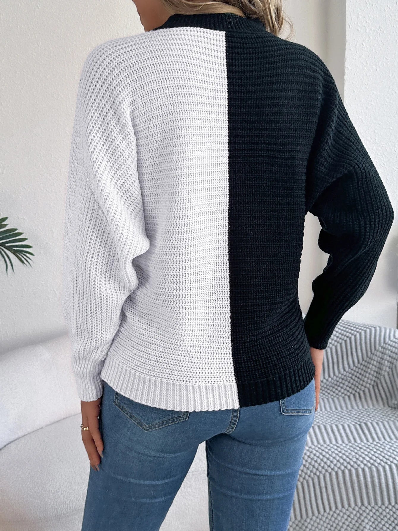 Women's Colorblock Long Sleeve Crewneck Pullover Knitted Sweater