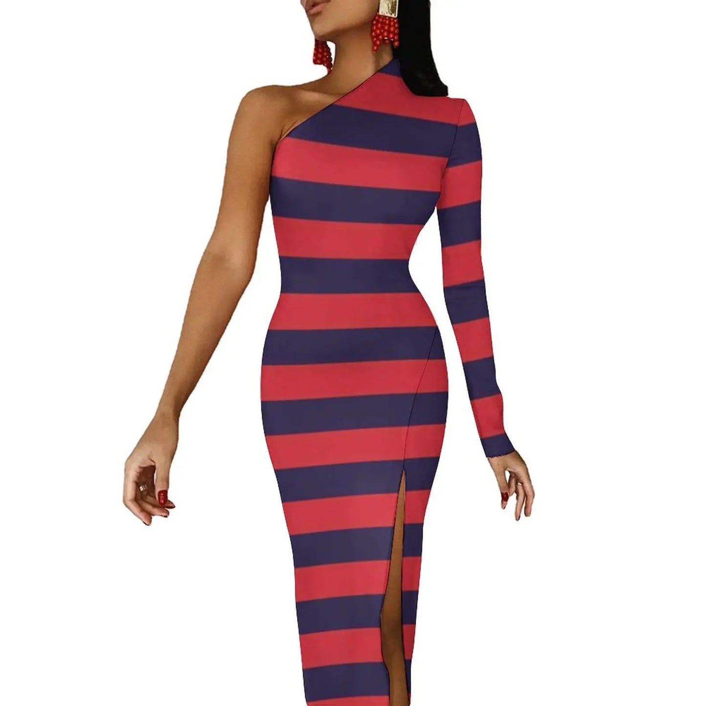 Striped/Rainbow Striped/American Flag Print One Sleeve Asymmetrical Bodycon Midi Dresses