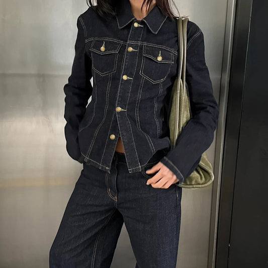 Denim Dark Blue Gold Button Detail Long Sleeve Turn-Down Collar Solid Color Women's Jean Jacket