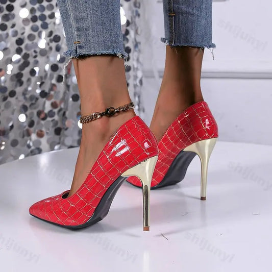 Croc Pattern Pointed Toe Gold Metal Thin Stiletto Heel Women's Pumps