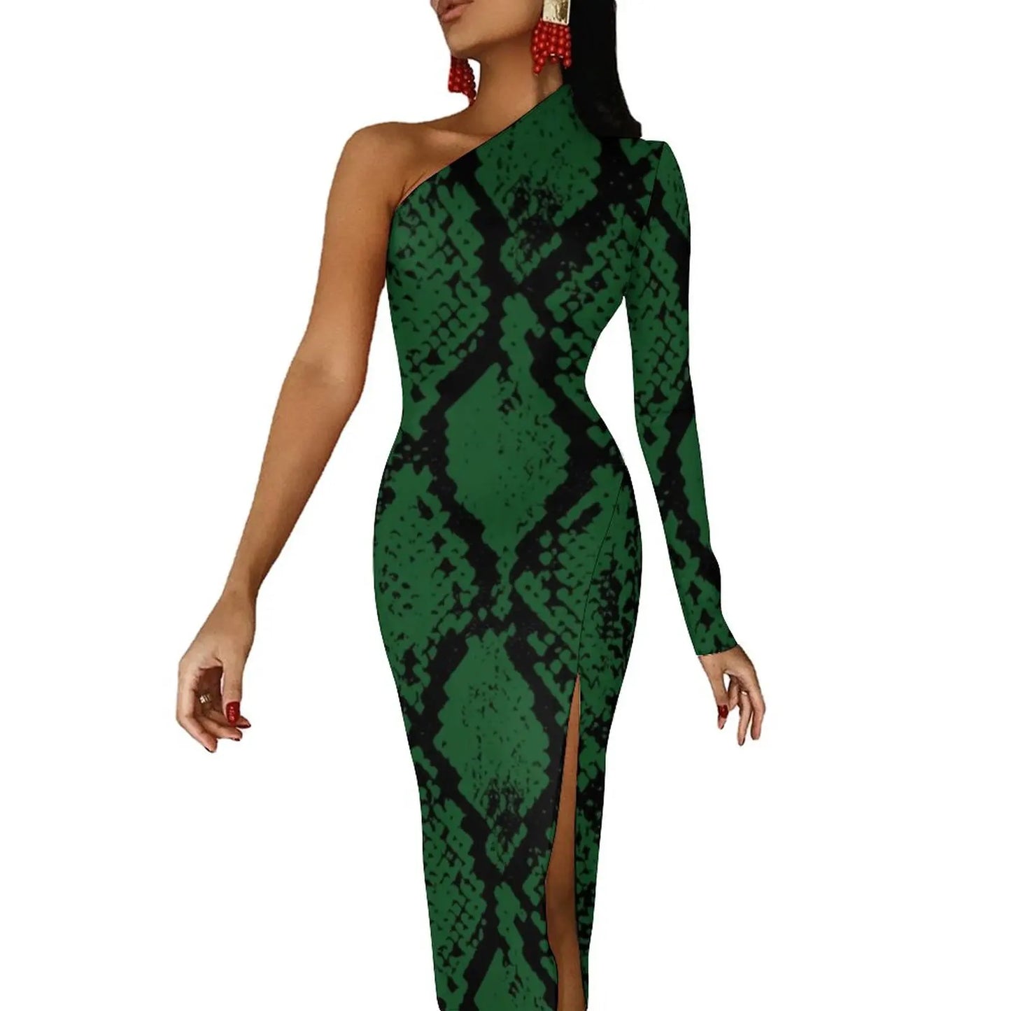 Snake Print/Geometric High Slit One Shoulder Long Sleeve Party Bodycon Maxi Dress