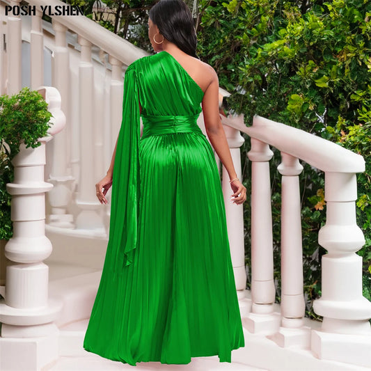 Satin Shiny Pleated One Sleeve Maxi Formal Plus Size Dress to 3X