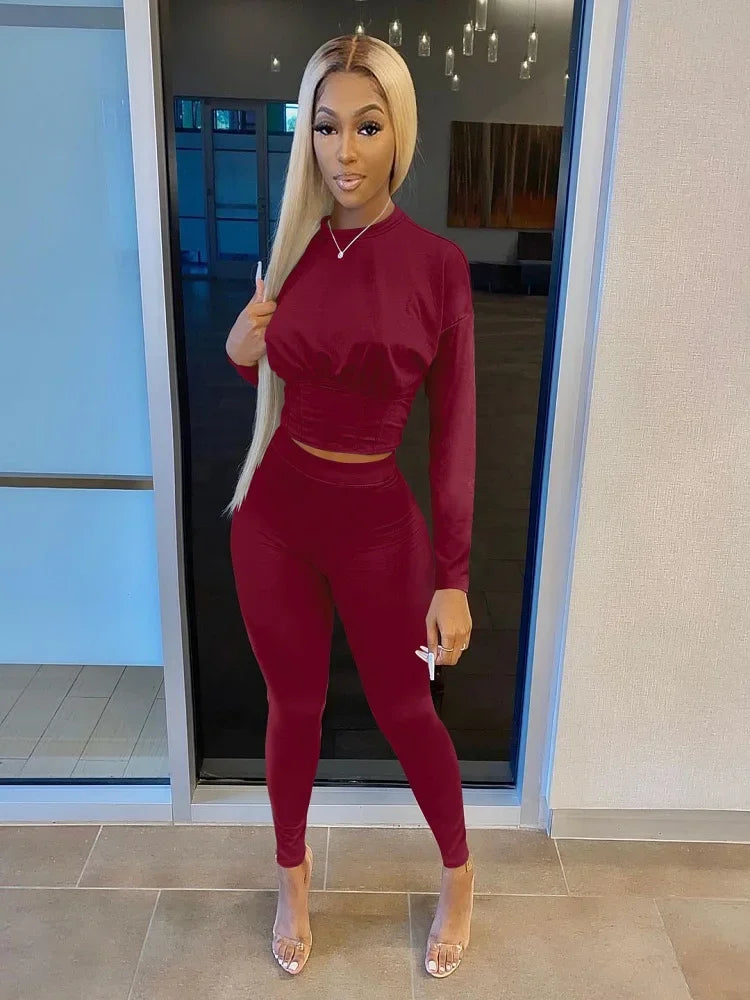 Ruched Fitted O-Neck Solid Color Women's Long Sleeve Crop Top + Leggings Tracksuit