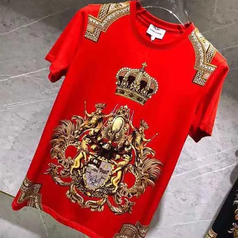 Men's Designer Baroque Gold Metallic Crown Print O-Neck Short Sleeve T-Shirt