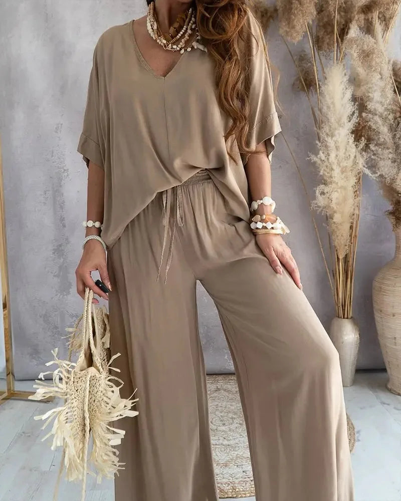 Baroque/Colorblock Striped/Solid Color Women's V-Neck Top + Loose Pants 2-Piece Set