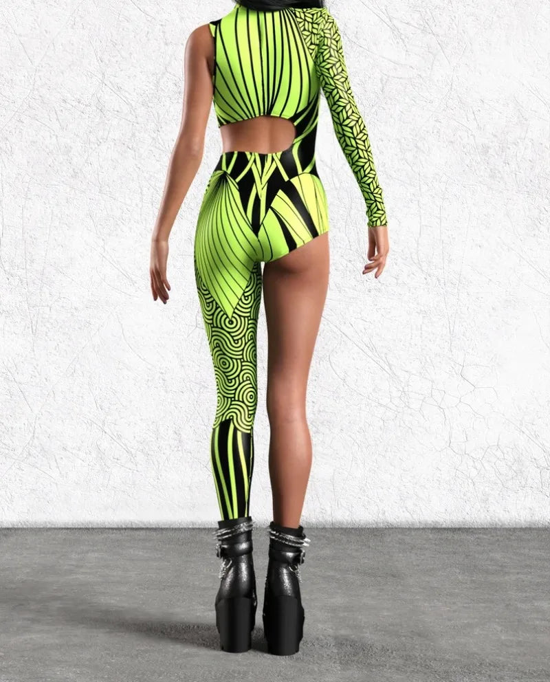 Irregular Asymmetrical One Sleeve Rainbow Geometric Striped Floral Hollow-Out 3D Print One Leg Jumpsuit to 3X Plus Size