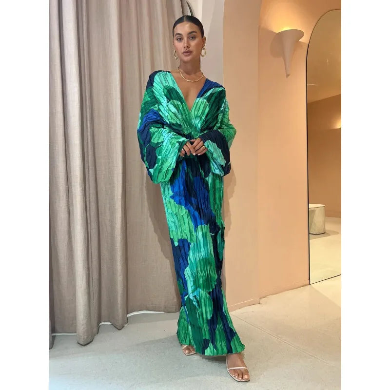 Pleated Green/Blue Geometric Colorblock Long Sleeve Deep V-Neck Corset Print Evening Formal Loose Maxi Dress