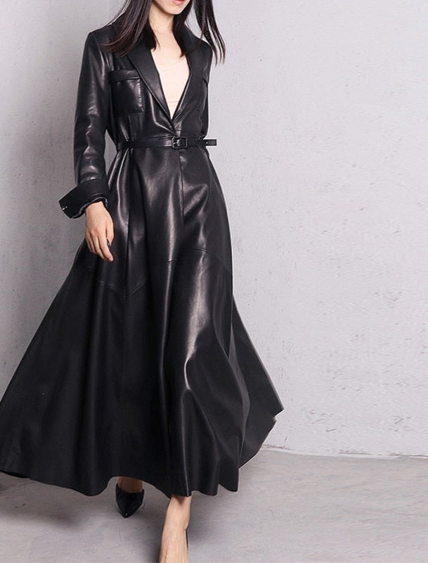 Pocketed Solid Color PU Leather Skirted Trench Coat Dress w/Belt to 7X Plus Size