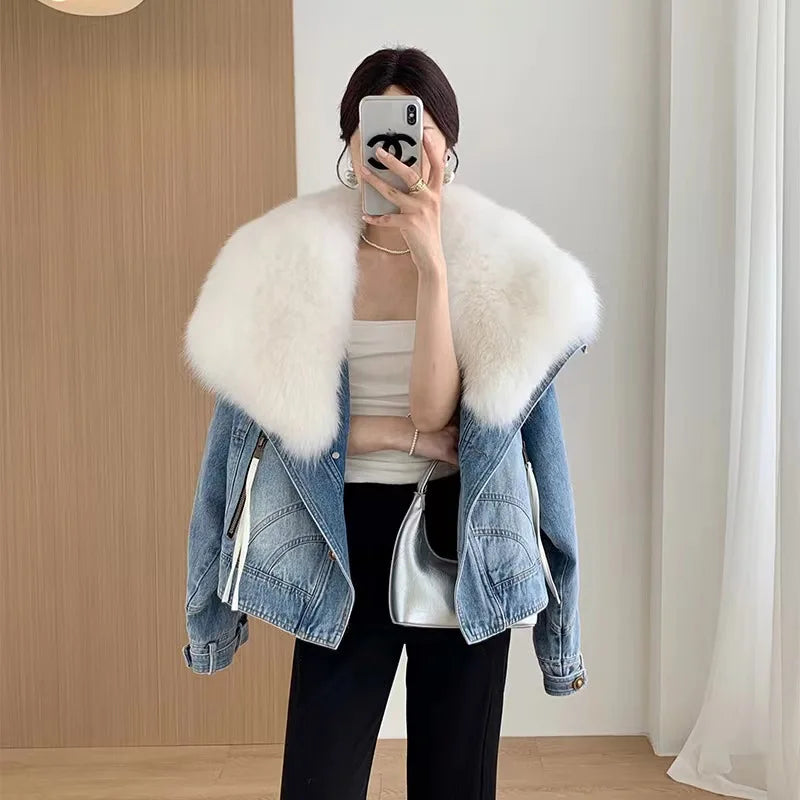 Denim Oversized 100% Real Fox Fur Collar Short Women's Goose Down Puffer Jean Jacket