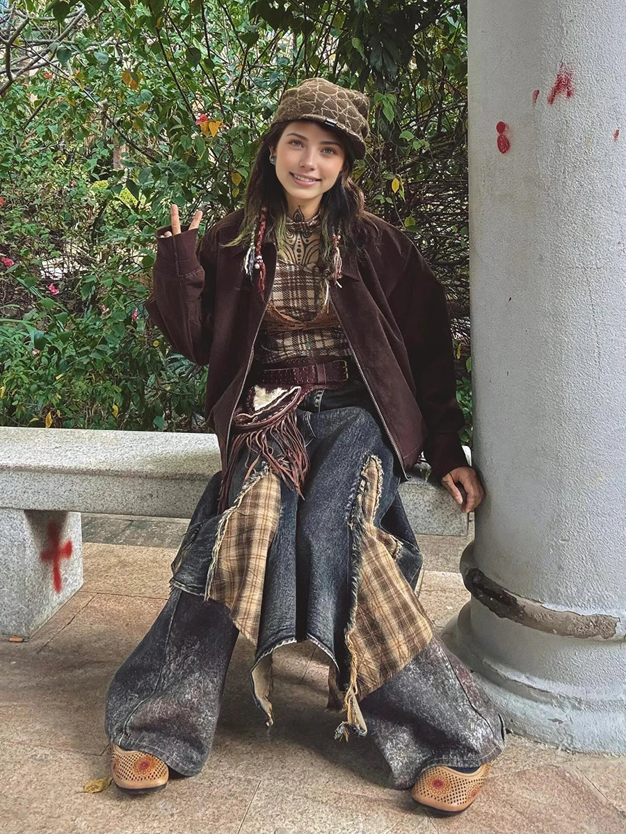 Plaid Retro Denim Blue Ombre Asymmetrical Tartan Stitch Overlay Streetwear Jean Maxi Skirt