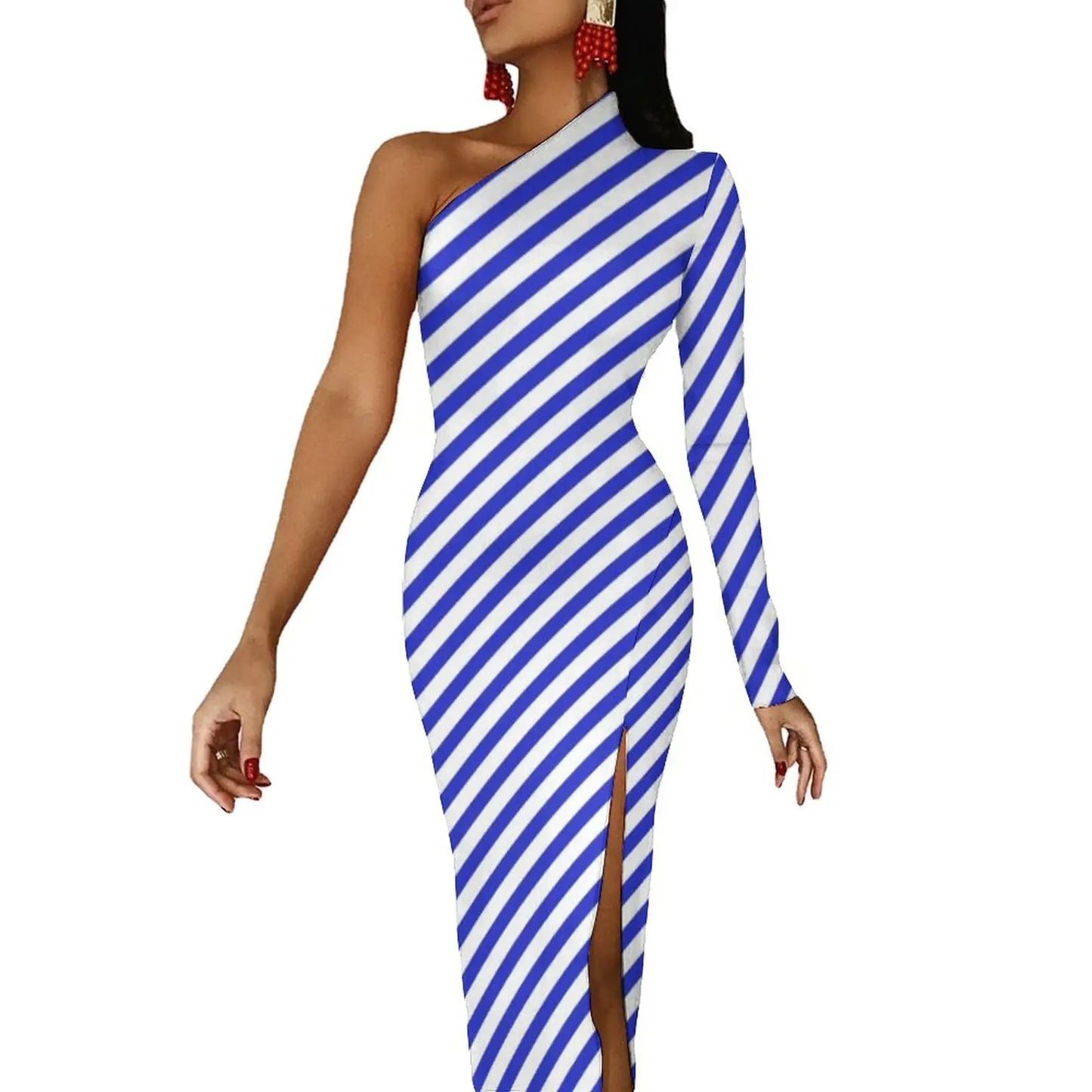 Striped/Rainbow Striped/American Flag Print One Sleeve Asymmetrical Bodycon Midi Dresses