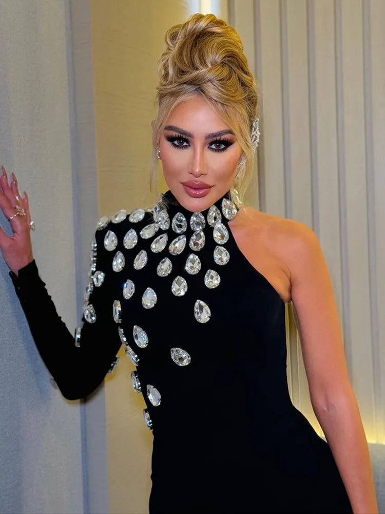 Asymmetrical Black One Sleeve Rhinestone Embellished Bodycon Bandage Evening Maxi Formal Party/Prom Dress