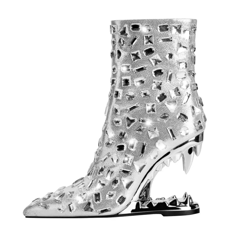 Tiger Tooth Heel Sequin Diamond Pointed Women's Ankle Boots