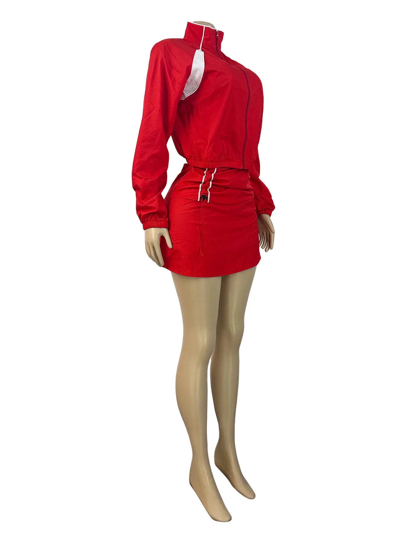 Striped Stand Collar Women's Zipper Fitness Jacket+ Drawstring Ruched Mini Tennis Skirt Solid Color 2-Piece Set