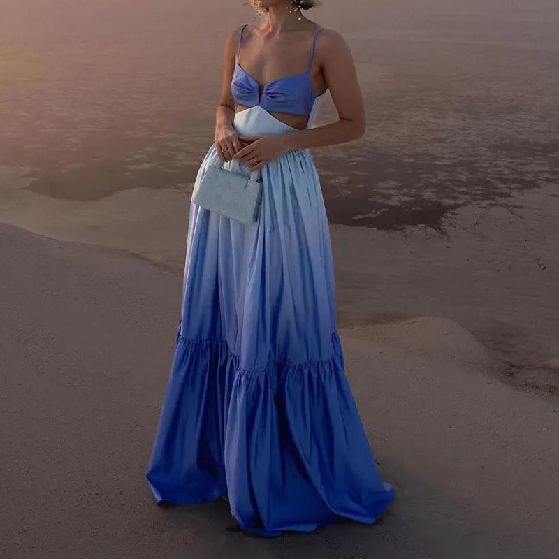 Gradient Tie-Dye Ombre Spaghetti Strap V-Neck Hollow-Out Backless Flared Ruffled Sleeveless Maxi Dress
