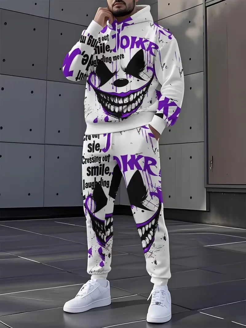Men's Hip-Hop "HAHA" 3D Clow Graffiti Print Long Sleeve Hoodie Sweatshirt+ Streetwear Drawstring Sweatpants Tracksuit