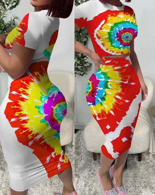 Tie-Dye/Geometric Short Sleeve Crop Top & Bodycon Midi Skirt 2-Piece Set