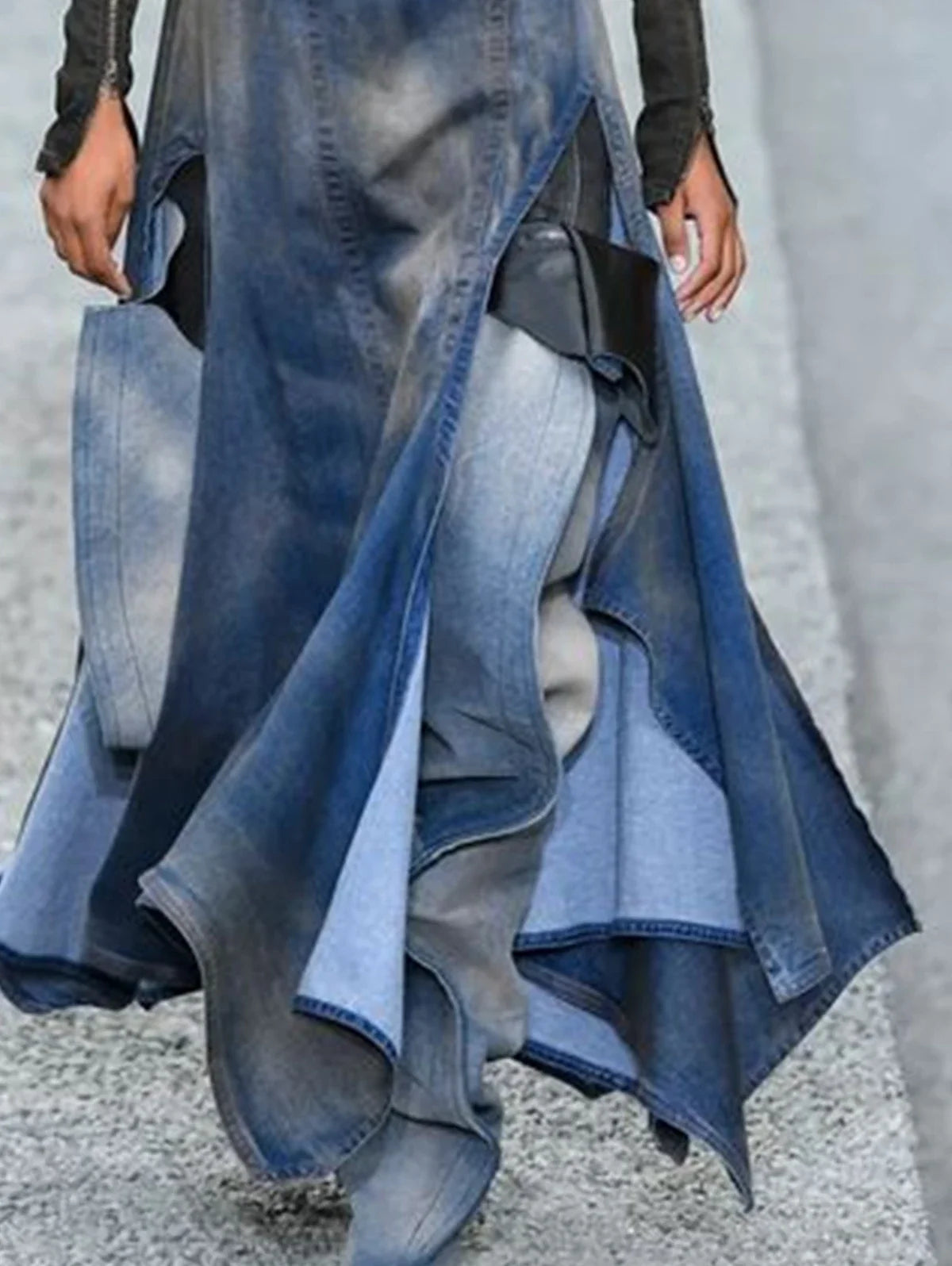 Denim Washed Colorblock Irregular High Waist Patchwork High Slit Maxi Jean Skirt to 3X Plus Size