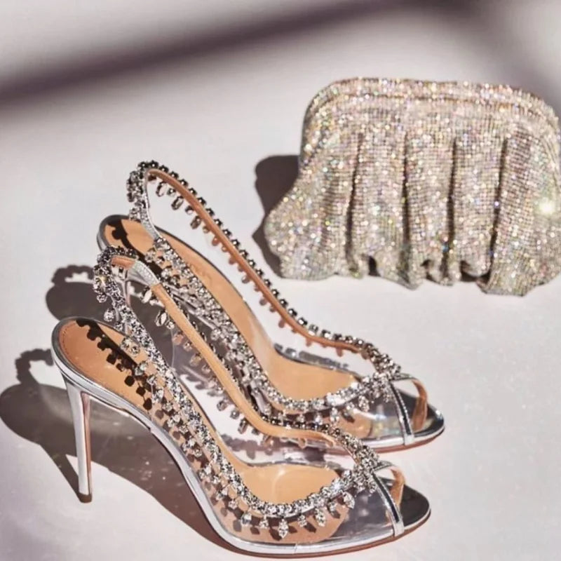 PVC Transparent Rhinestone Chain Detail Fish Mouth Transparent Stiletto Heel Slingback Formal Bridal/Party Pumps