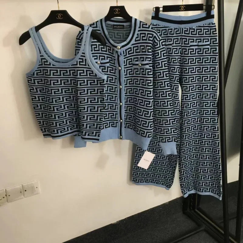 Geometric Colorblock Print Knitted Women's Open Cardigan Sweater + Matching Tank Vest Top + High Waist Wide Leg Pants 3-Piece Set