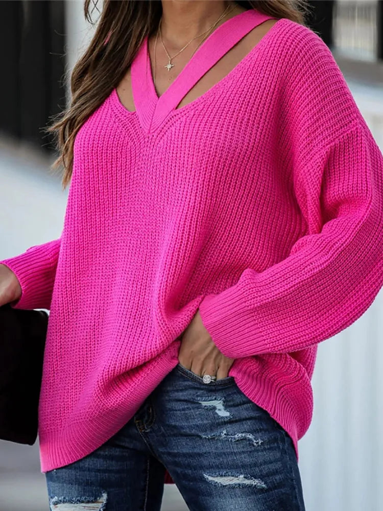 Pullover V-Neck Oversize Long Sleeve Solid Sweaters