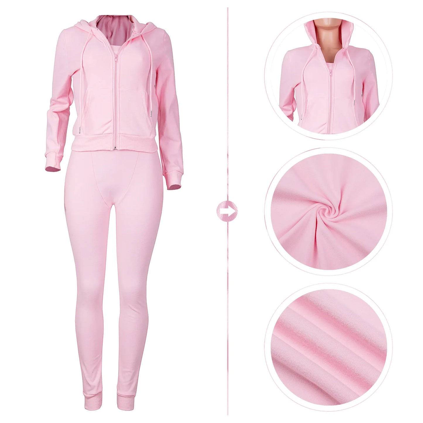 Solid Color Fleece Zipper Hooodie Jacket w/ Elastic Sweatpants & Tank Top 3-Piece Women's Sweatsuit Tracksuit