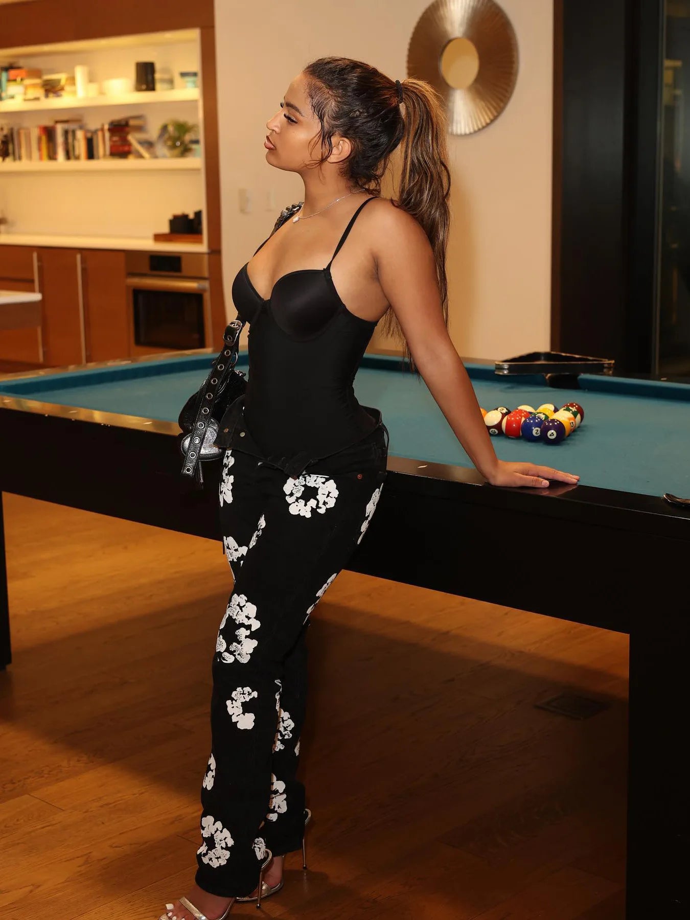 Denim Big White Flower Print Women's High Waist Streetwear Jeans