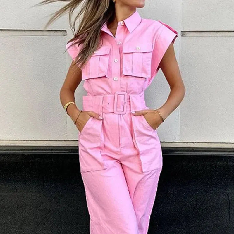 Pink Button Up Short Sleeve Nipped Waist Wide Leg Cargo Jumpsuit w/ Belt