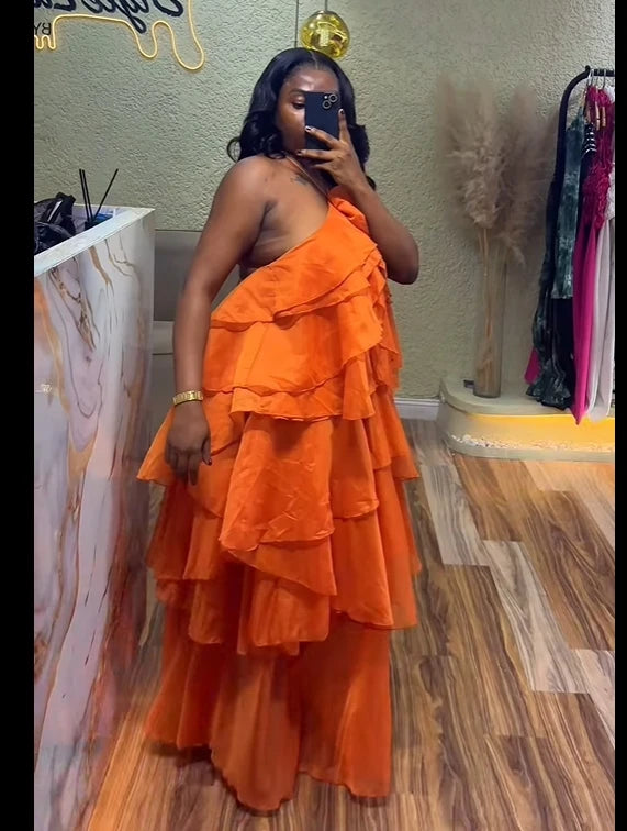 Oversized Tiered Sleeveless Floral Ruffled Design Loose Smock Strap Formal Maxi Dress