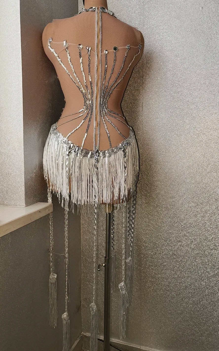 Rhinestone Crystal  Tassel Fringe Performance Formal Bodysuit