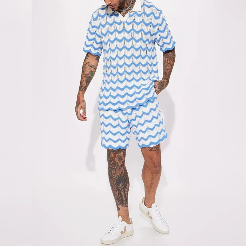 Men's Striped Waffle Knit Print Polo Shirt & Shorts 2-Piece Set