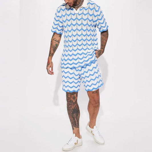 Men's Striped Waffle Knit Print Polo Shirt & Shorts 2-Piece Set