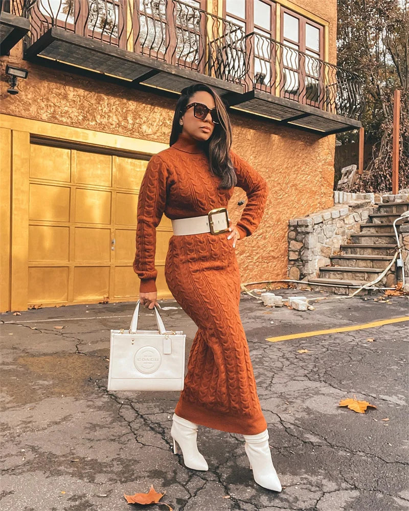 Turtleneck Knitted Weave Pattern Ribbed Sweater Long Sleeve Maxi Dress w/ Belt