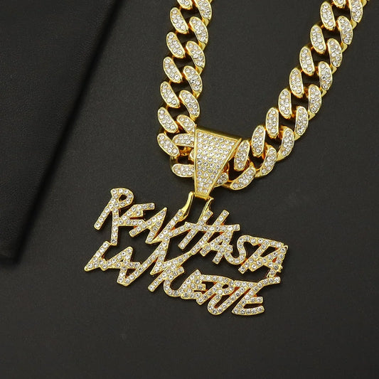 "Real Hasta la Muerte" OR $ Sign Rhinestone Pendant Hip-Hop Letter 13MM Cuban Chain Necklace